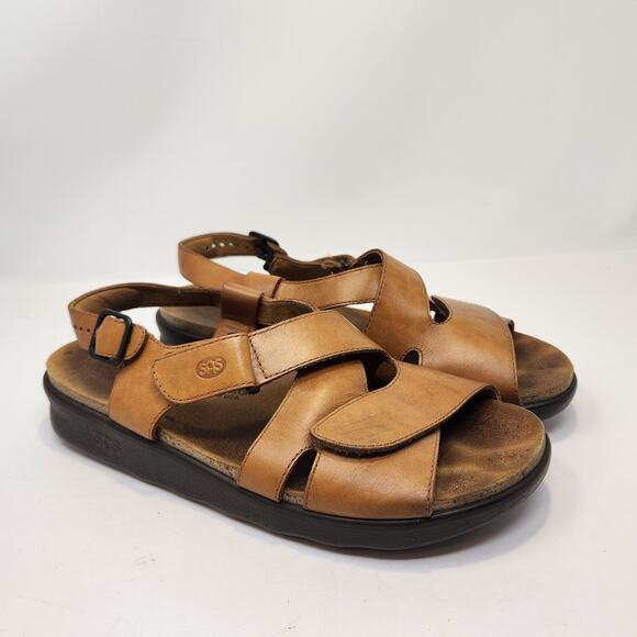 SAS Womens Huggy Cross Strap Sandals Size 9.5 N Brown Leather Comfort Shoes - Picture 1 of 9